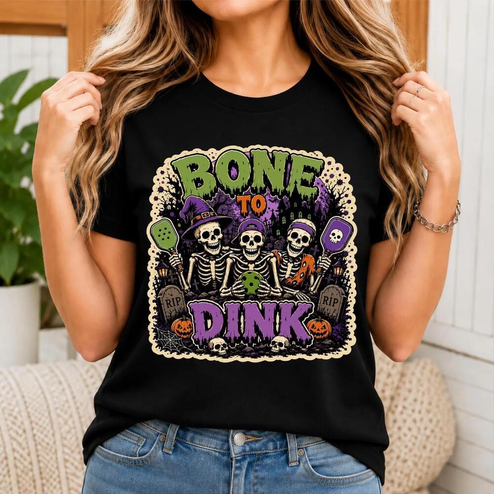Bone To Dink Halloween Pickleball Shirt, Skeleton Witch Hat Tee